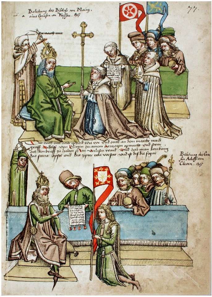 Konstanzer Richental Chronik Belehnung des Erzbischofs von Mainz und Adolf von Cleves 77r