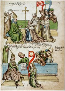 Konstanzer Richental Chronik Belehnung des Erzbischofs von Mainz und Adolf von Cleves 77r