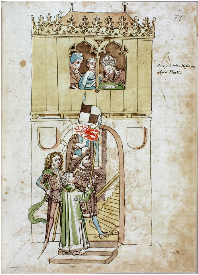 Konstanzer Richental Chronik Belehnung des Burggrafen Friedrich von Nürnberg, Friedrich vor dem Haus zum hohen Hafen am Obermarkt, am Fenster König Sigmund 74r