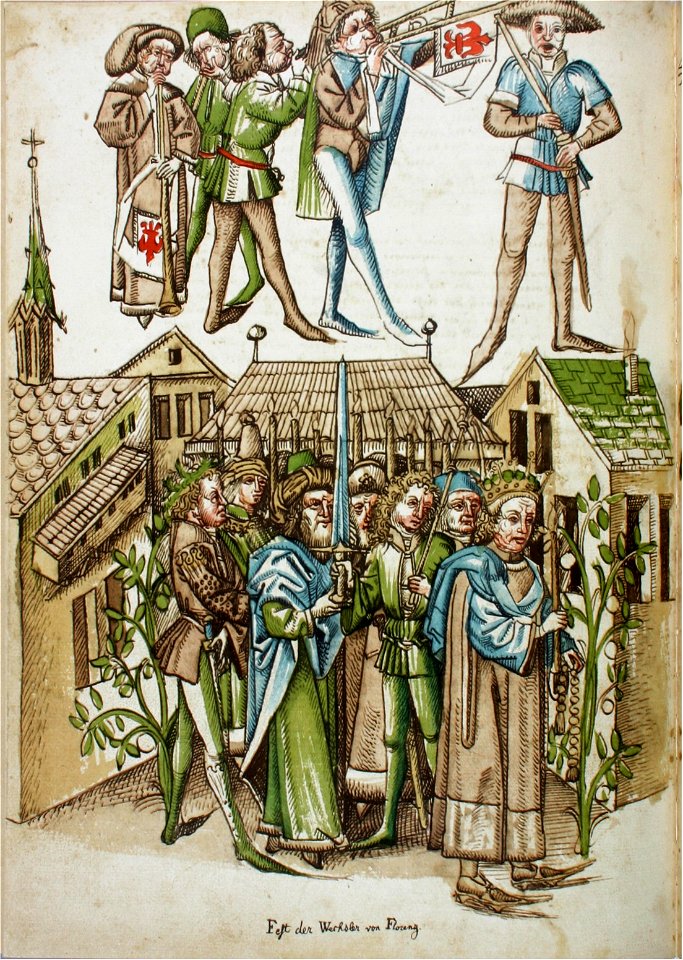 Konstanzer Richental Chronik Fest der Florentiner Geldwechsler, Posaunenbläser und Prozession durch die Stadt 66v
