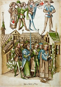 Konstanzer Richental Chronik Fest der Florentiner Geldwechsler, Posaunenbläser und Prozession durch die Stadt 66v
