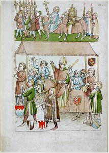 Konstanzer Richental Chronik Einzug des Papstes, Träger der Zunftkerzen, Papst zu Pferd, Rudolf von Montfort, Heinrich von Ulm, Heinrich Schiltar 12r