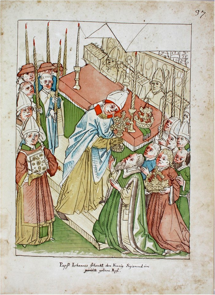 Konstanzer Richental Chronik Verleihung der goldenen Rose, Übergabe an König Sigmund durch den Papst 37r