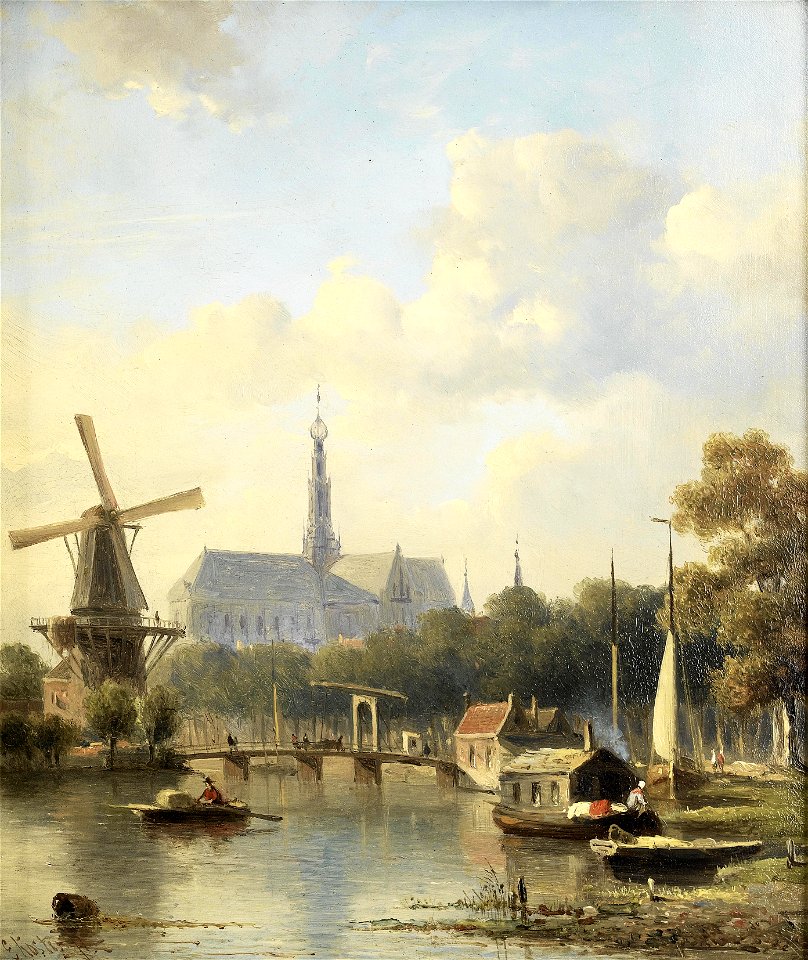 Everhardus Koster - A view of Haarlem with St Bavo Cathedral from the river