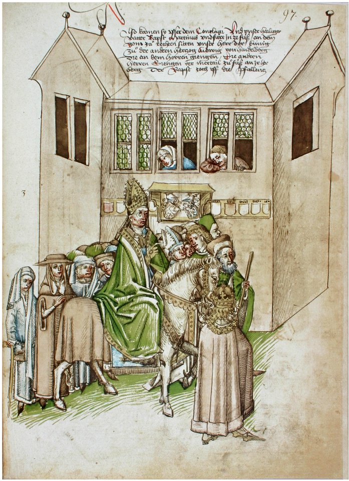 Konstanzer Richental Chronik Der neugewählte Kardinal Otto Colonna reitet vom Kaufhaus durch die Stadt zum Münster 97r