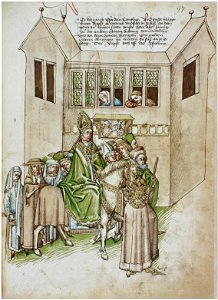 Konstanzer Richental Chronik Der neugewählte Kardinal Otto Colonna reitet vom Kaufhaus durch die Stadt zum Münster 97r