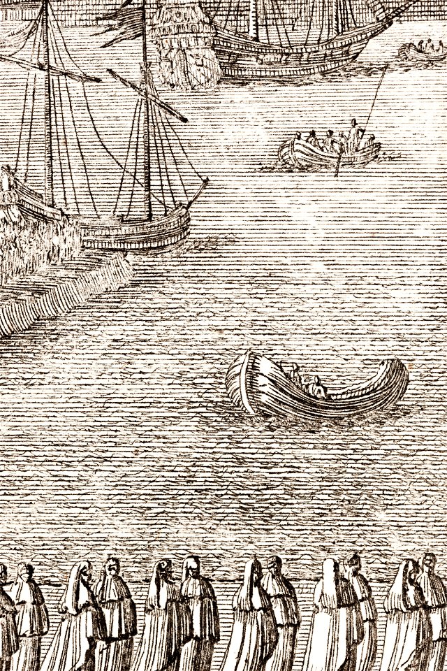 Kopparstick med åskådare i småbåtar som tittar på Karl X Gustavs begravning, 1660-talet - Livrustkammaren - 108756