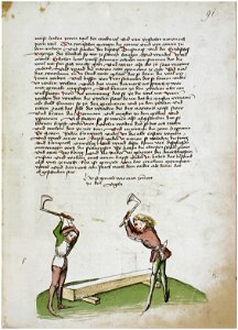 Konstanzer Richental Chronik Wie das Konklave gezimmert wurde, Behauen eines Balken 91r
