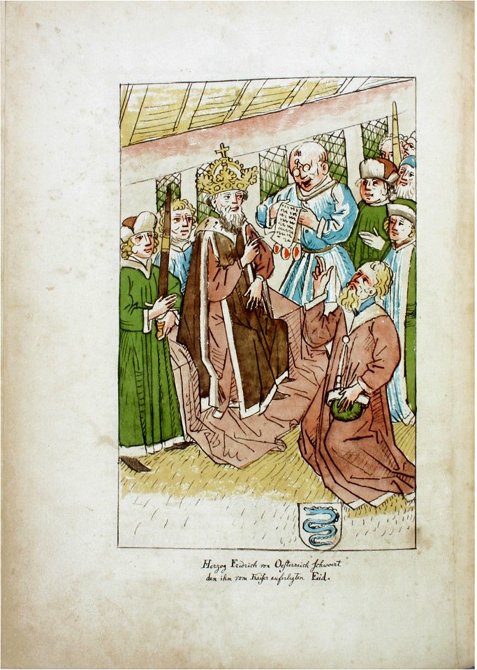 Konstanzer Richental Chronik Unterwerfung Herzog Friedrichs von Österreich, Friedrich schwört den ihm auferlegten Eid 47v