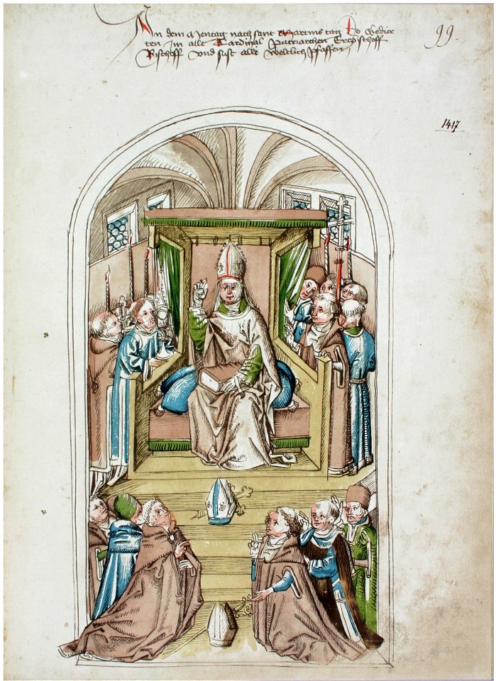 Konstanzer Richental Chronik Kardinale, Bischöfe und weltlicher Klerus schwören dem Papst Gehorsam 99r