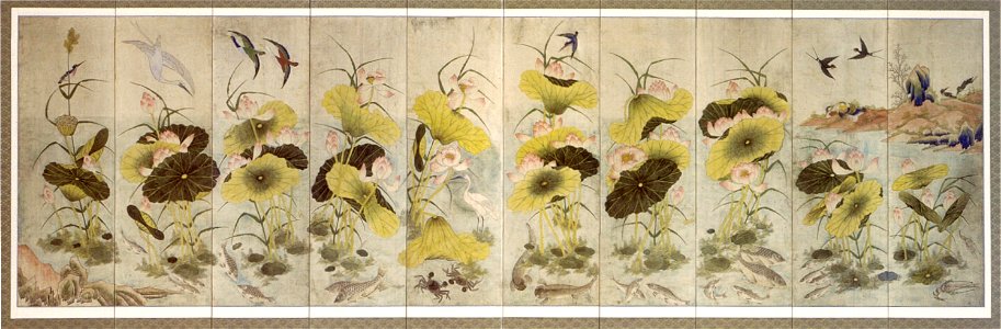 Korean folding screen, ink and color paintings of lotus, fish and birds, 19th century, Chosôn dynasty, Honolulu Academy of Arts. Free illustration for personal and commercial use.