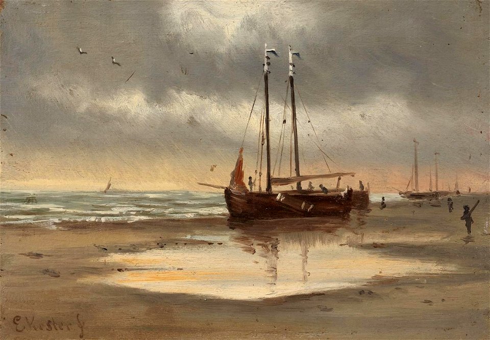 Everhardus Koster - Sailboats on the beach