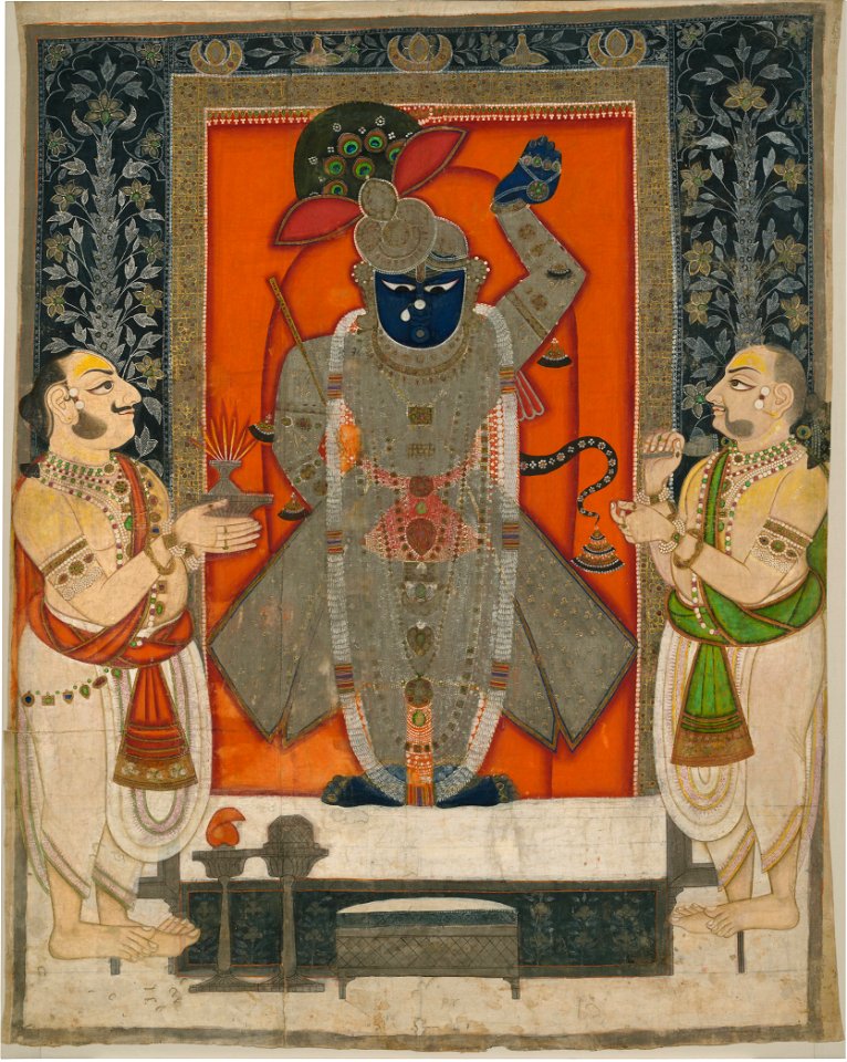 Kota school, Rajasthan, India - Priests worshipping Krishna as Shrinathji for Mountain of Food festival (Annakuta utsava); shrine ha... - Google Art Project