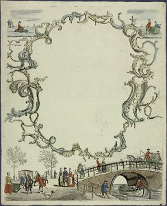 Krans met boven wintertaferelen en onder koetsen en brug-Catchpenny print-PRENT 0064