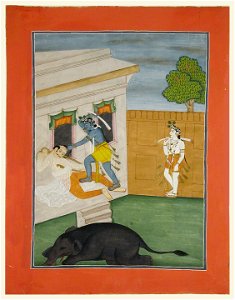 Krishna killing Kansa with the tusk of an elephant that lies dead at his feet (6125082740)