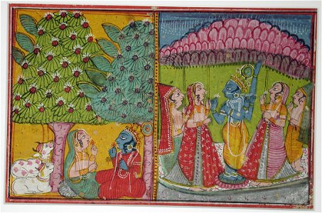 Krishna seated under a tree with a gopi; Giri Govardhan (6124565883)