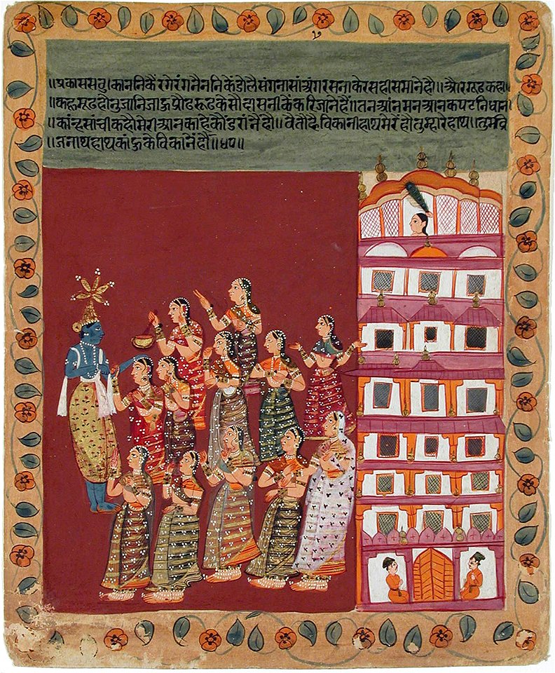 Krishna greets twelve gopis outside a palace (6124574791)