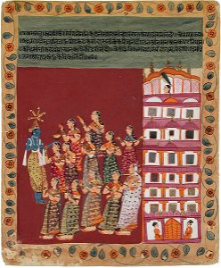 Krishna greets twelve gopis outside a palace (6124574791)