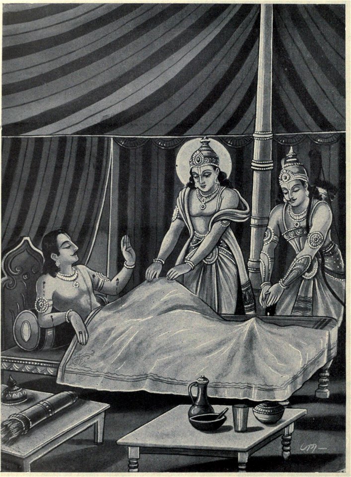 Krishna and Arjuna salutes Yudhistira feet