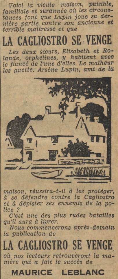 La Cagliostro se venge (Le Journal, Annonce 19340719)