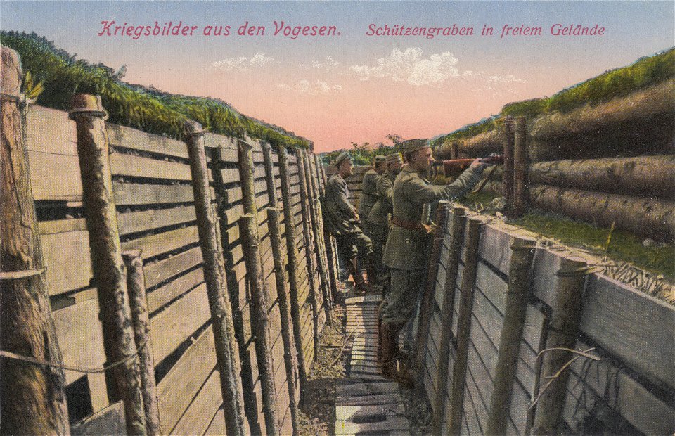 Kriegsbilder Vogesen, Schützengraben in freiem Gelände