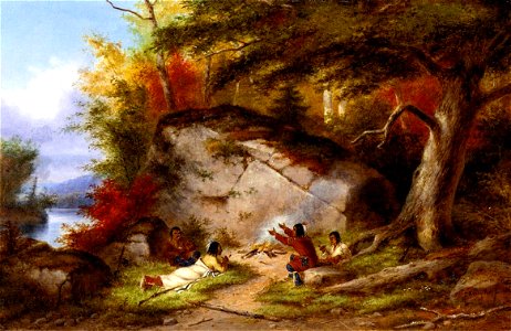 Indian Campfire at Big Rock, oil painting by Cornelius Krieghoff. Free illustration for personal and commercial use.