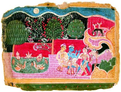 Krishna rests near a lotus pool at the mouth of a cave (6125093458)
