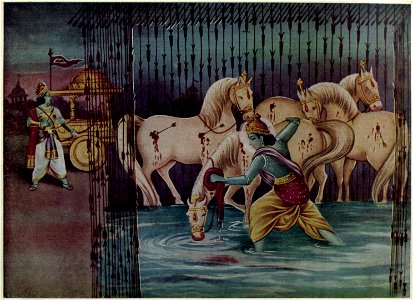 Krishna was cleaning the horses of Arjuna