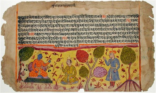 Krishna receiving King Yudhishtra in the forest (yellow background) (6124519523)