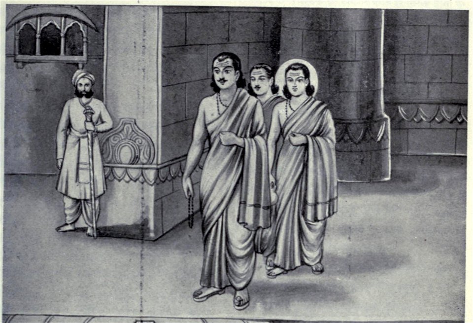 Krisna, Arjuna And Bhima in the palace of Jarasadha