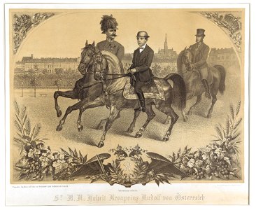 Kronprinz Rudolf zu Pferd mit zwei Begleitern. Free illustration for personal and commercial use.