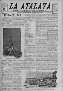 La Atalaya, 21.3.1895, front page, 2 drawings by Mariano Pedrero. Free illustration for personal and commercial use.