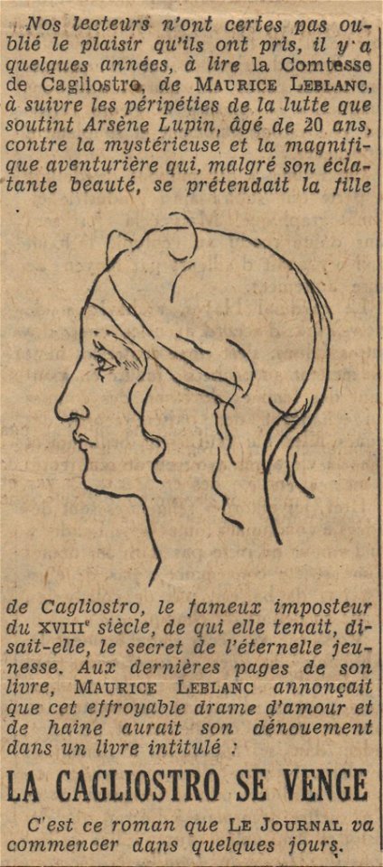 La Cagliostro se venge (Le Journal, Annonce 19340715)
