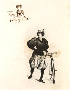 La bicycliste et caricature, 1897. Free illustration for personal and commercial use.