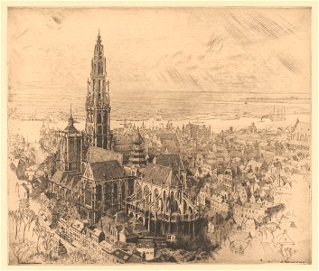 La cathédrale d'Anvers vue à vol d'oiseau, print by Armand Apol (1879-1950), Belgium, (1914), Prints Department of the Royal Library of Belgium, S.IV 91848