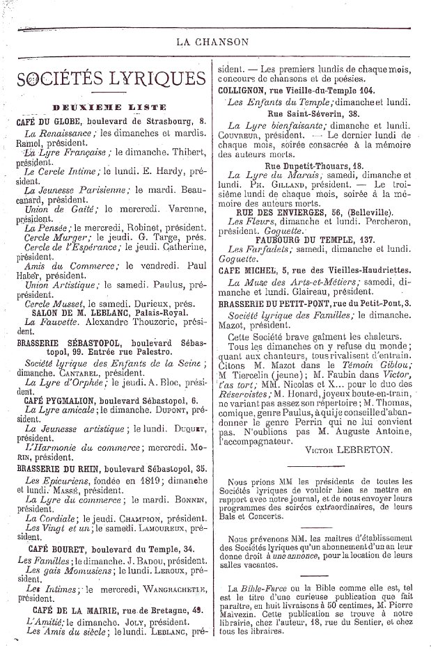 La Chanson, programme des goguettes, septembre 1878