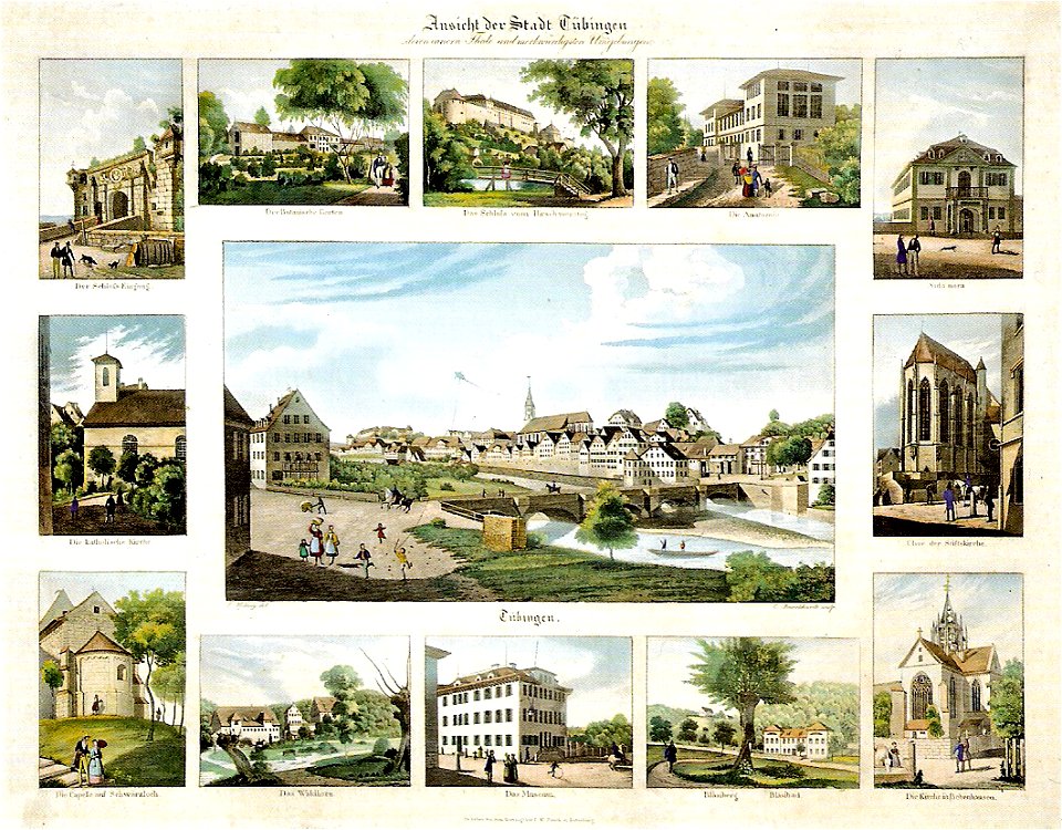 LA Helvig - Ansicht der Stadt Tübingen (Sammelbild) Aquatinta (gest. C Burckhardt) ca1830 Inv.2323 (SW208A)