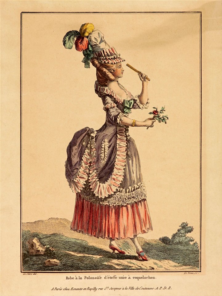 La Gallerie des Modes; Le Clerc; Dupin - print; coloured engraving - Robe a Poloniose d'etoffe unie a coqueluchon - Google Art Project