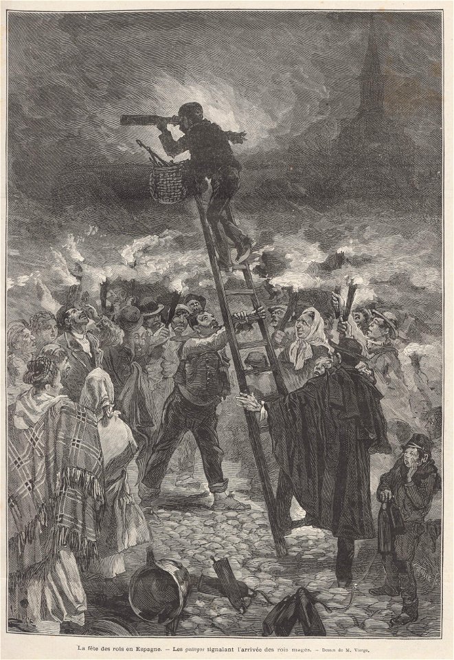 La fête des rois en Espagne, les gallegos signalant l'arrivée des rois mages, de Vierge