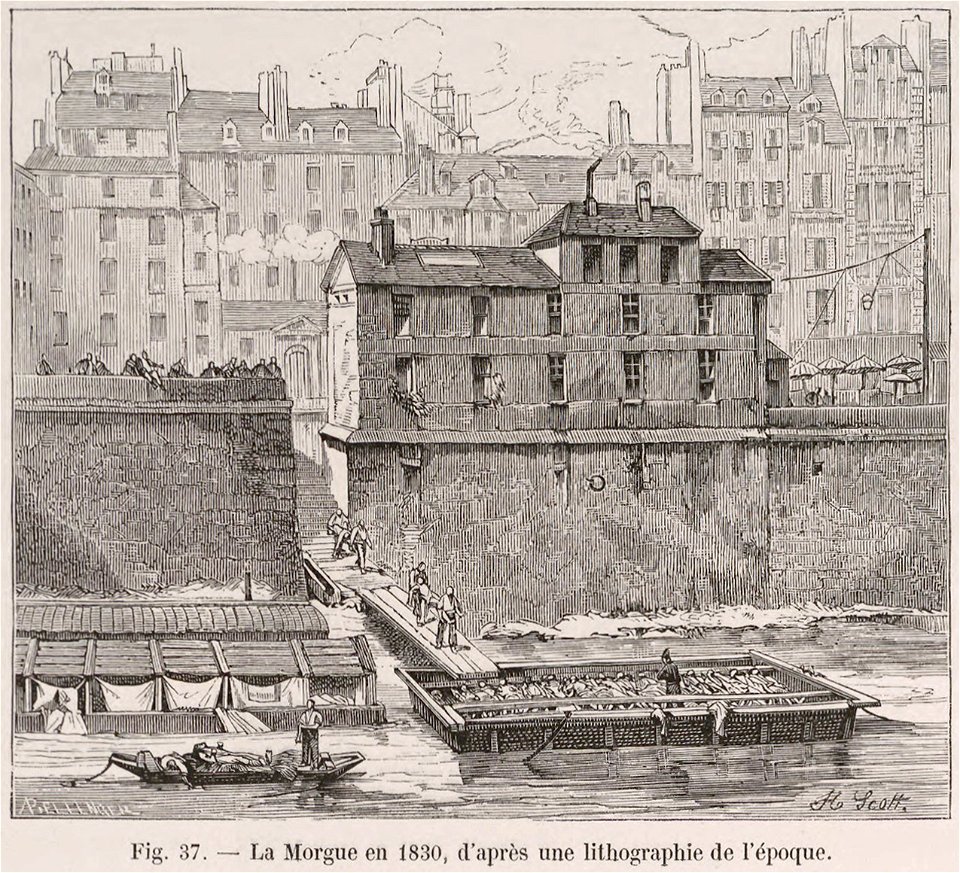 La Morgue en 1830, d'après une lithographie de l'époque