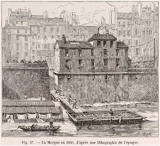 La Morgue en 1830, d'après une lithographie de l'époque