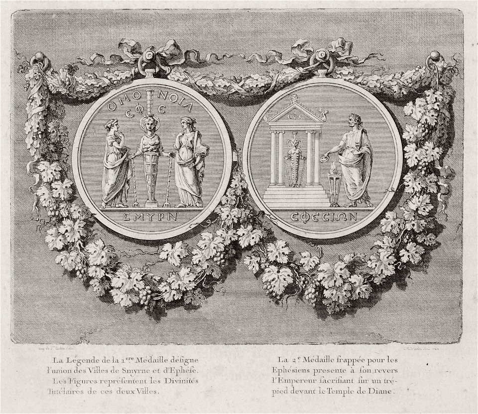 La Légende de la 1ere Médaille désigne l'union des Villes de Smyrne et d'Ephèse Les figures représentent les Divini - Choiseul-gouffier Gabriel Florent Auguste De - 1782