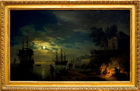 La nuit; un port de mer au clair de lune. Free illustration for personal and commercial use.