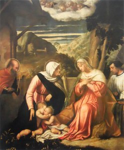 La santa Famiglia con santa Elisabetta, san Giovanni Battista fanciullo e un devoto. Free illustration for personal and commercial use.