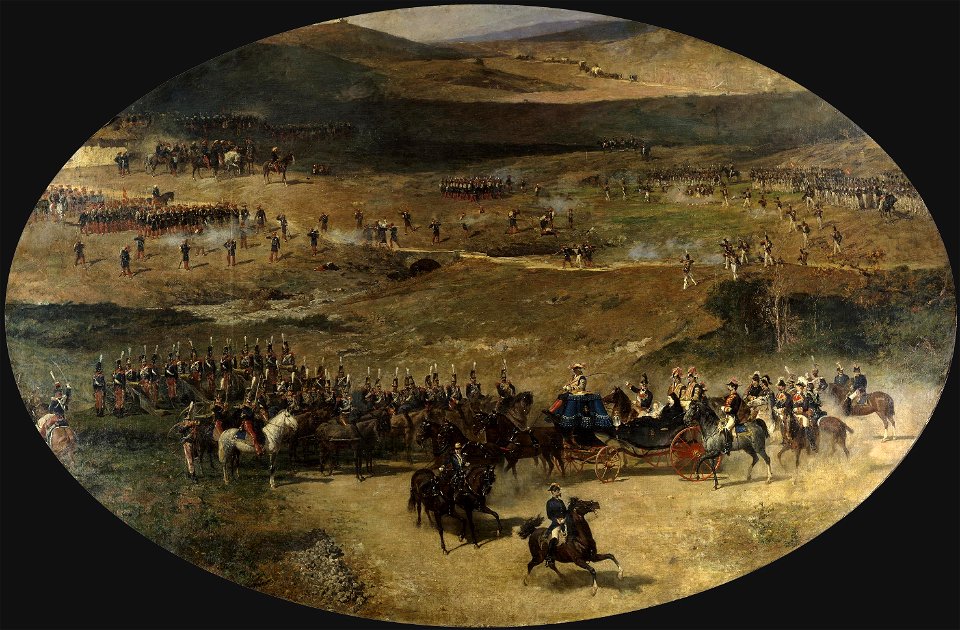 La reina María Cristina y su hija Isabel II pasando revista a las baterías de artillería que defendían Madrid en 1837 (Museo del Prado)