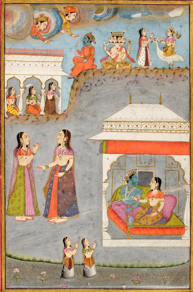 Labdhapraudha Nayika- Lovers in a pavillion, Kama, Brahma and Sarasvati above (6124564841)