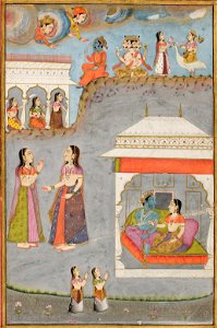 Labdhapraudha Nayika- Lovers in a pavillion, Kama, Brahma and Sarasvati above (6124564841)