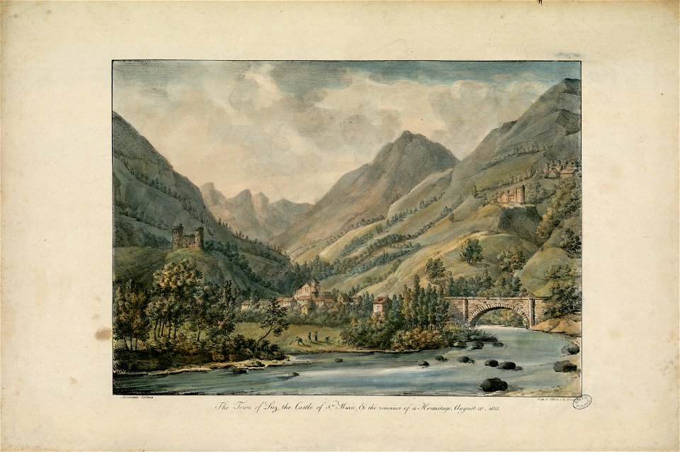 La ville de Luz, le château de Sainte Marie et les vestiges de l'Ermitage. 20 août 1821 The town of Luz, the Castle of Ste. Marie, and the remains of a Hermitage - August 20 1821 - Fonds Ancely - B315556101 A COLSTON 007