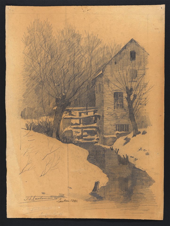 Laeken (moulin à eau sous la neige) 1886 drawing by Jean-François Taelemans, R-2009-26328, Prints Department, Royal Library of Belgium