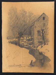 Laeken (moulin à eau sous la neige) 1886 drawing by Jean-François Taelemans, R-2009-26328, Prints Department, Royal Library of Belgium